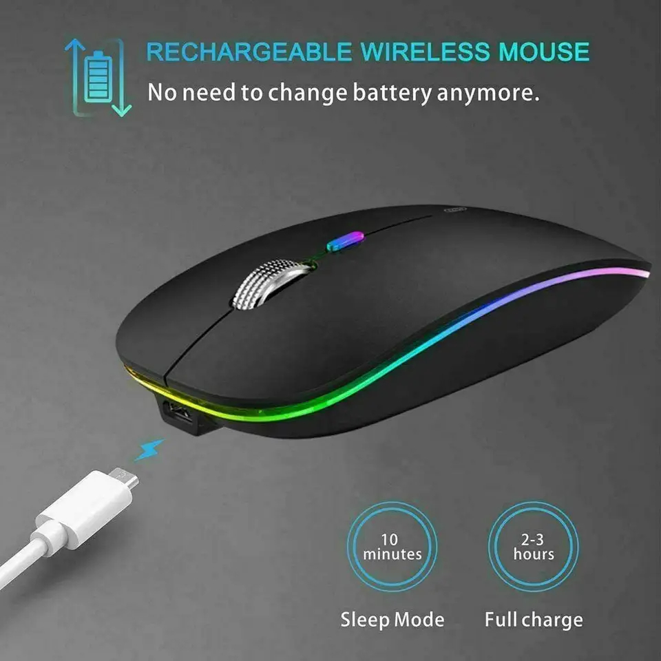 High Quality OEM USB LED Slim Rechargeable Dual Mode Mouse | 2.4GHz & Bluetooth Wireless | LED Backlit | Silent Click | For Laptop & PC. 