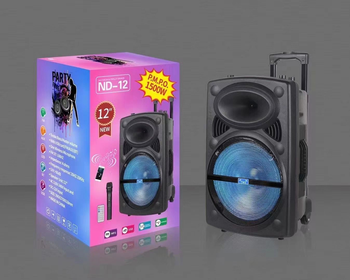 Wireless Microphone Bluetooth Rechargeable Portable Trolley 12" Speaker Sound box Dj box. 