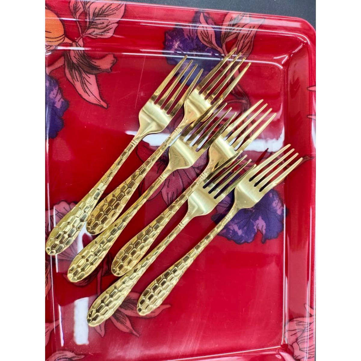 3 D Golden Fork Spoon Set 6 Pcs. Stainless Steel Tea Spoons With Gold Titanium Plating. - Chopsticks