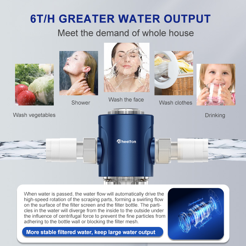 WHEELTON Auto-Rotated Flush Pre-Filter Backwash Spin Down Sediment Double-sided Scraper Whole House Filter System 1/2 3/4 1“. 