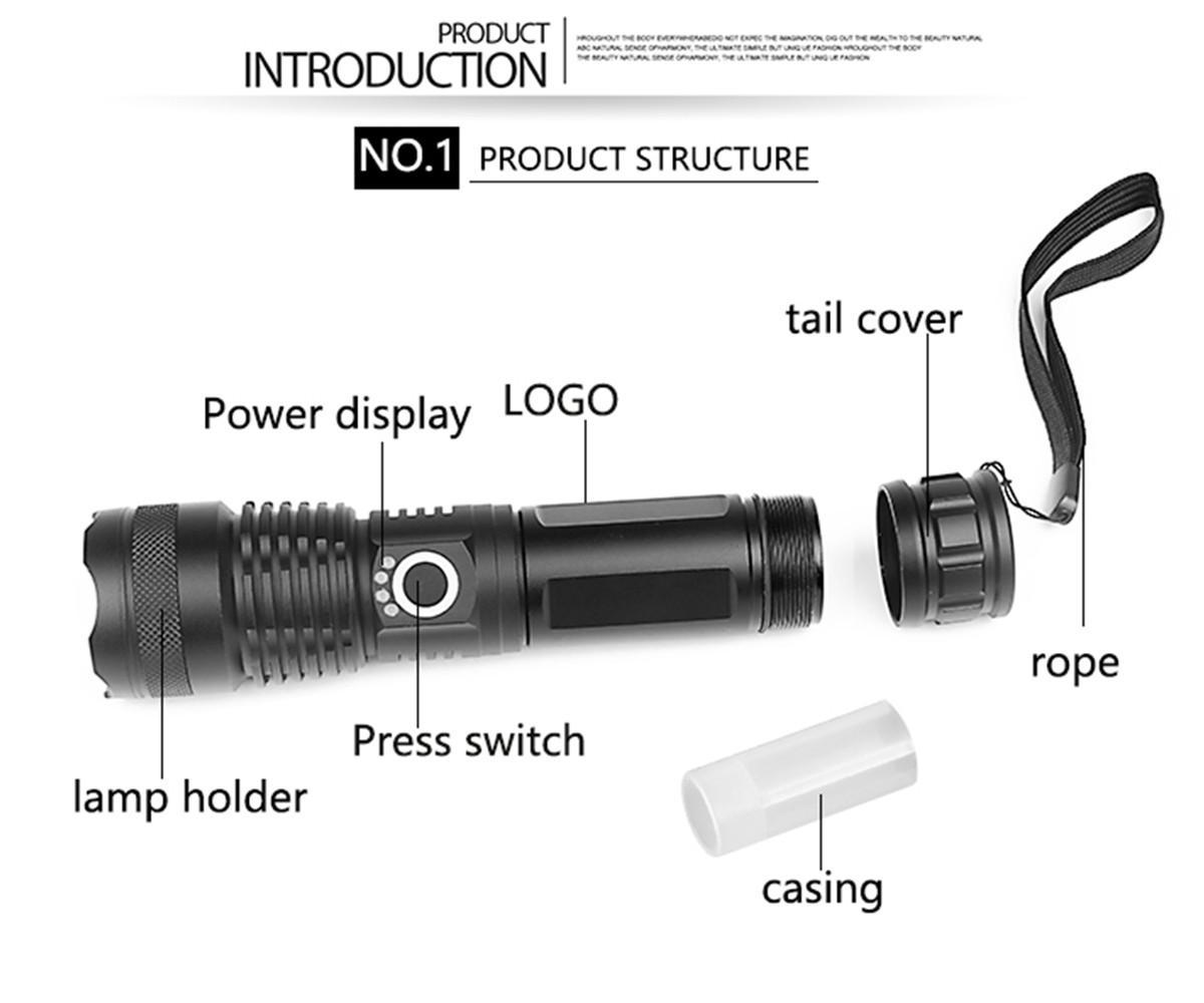 LB LED XHP50 Telescopic Focusing Flashlight High Light Torch with Power Display. 