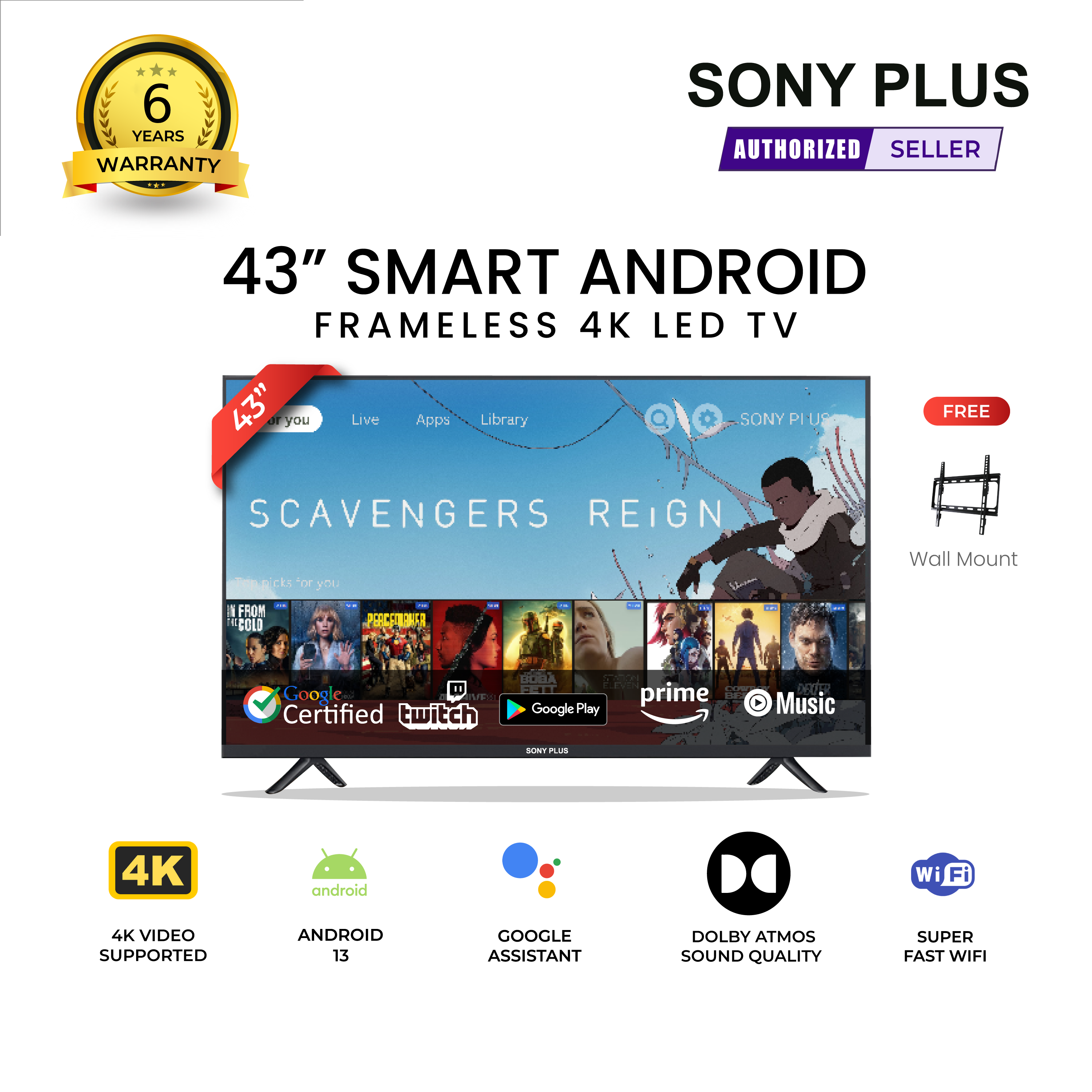 Sony Plus 43 inch Frameless Voice Control Smart LED TV Wi-Fi Full HD 4K Supported Android Television
