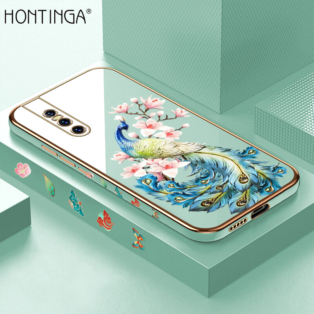 Hontinga for Vivo V15 Pro Back Cover + Free Lanyard Luxury 6D Plating Cartoon Peacock Side Pattern Case Soft Silicone Square Phone Cases