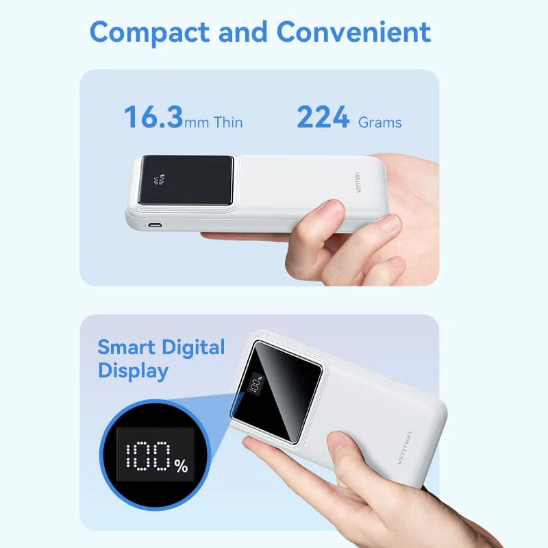 VENTION  10000mAh LED Display Power Bank FHKB0/FHKW0 - 22.5W/20W PD output - Simultaneous Charging - Smart Digital Display - Long Backup Power Bank. 
