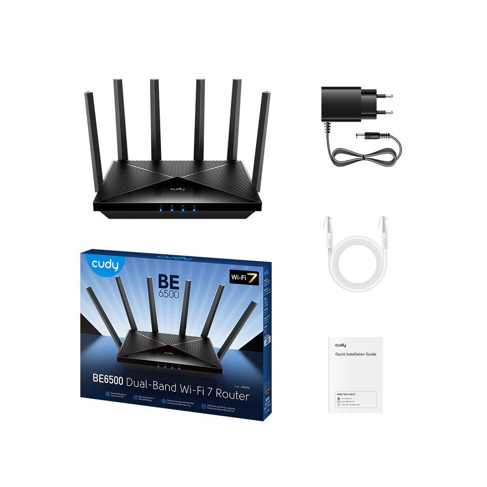 CUDY WR6500 BE6500 Dual-Band Gigabit Wi-Fi 7 Router - Broadcom 2 GHz Quad-Core CPU - 6-Stream Dual-Band Wi-Fi 7 (5760 Mbps + 688 Mbps) - 5× Gigabit Ethernet Ports - Covers Up to 140 m² (1,500 ft²), 200 Connected Devices -Cudy App, Cloud Control, Cudy Mesh. 