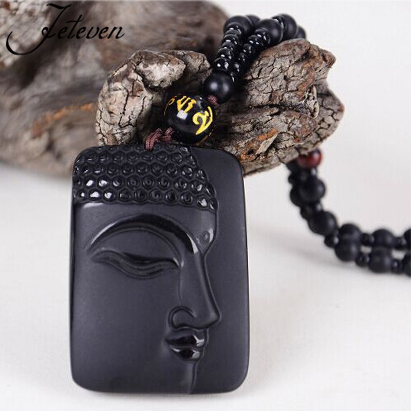 Authentic Pure Obsidian Rock Buddha Head Pendant Half Face Buddha Necklace. 