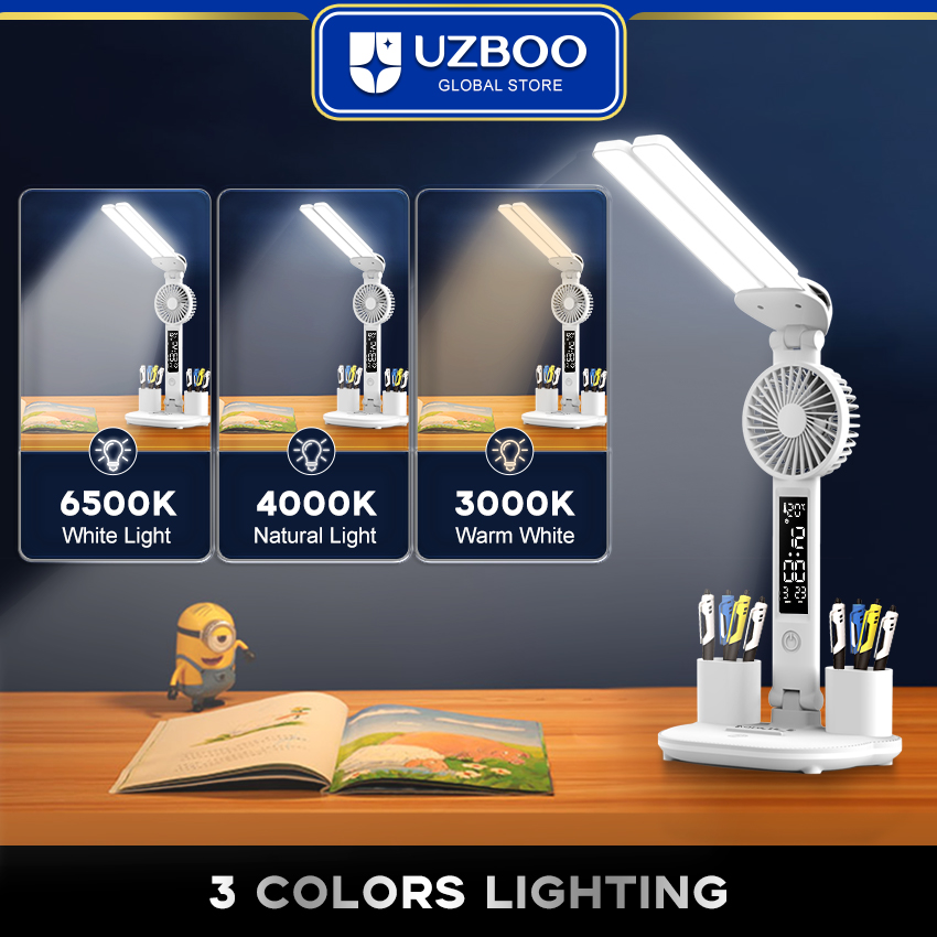 UZBOO Desk Lamp Double-head Table Lamps Eye Protection Lights 3 Color Touch Dimming Lamp Desk Light Modern Table Lamp With Fan Function Work And Pen Container Function Easy Use For Office Dormitory Bedroom. 