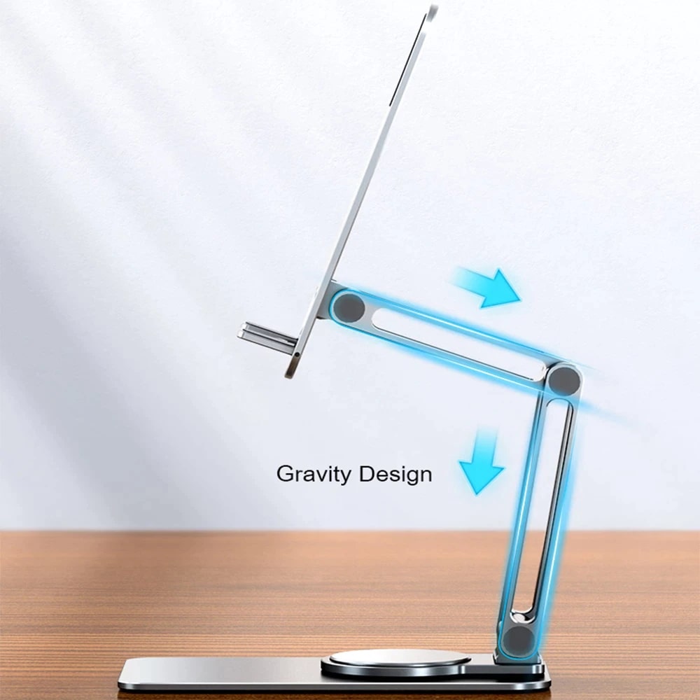 360 rotate Aluminum mobile and tablet stand: Adjustable, Compact, and Universally Compatible. 