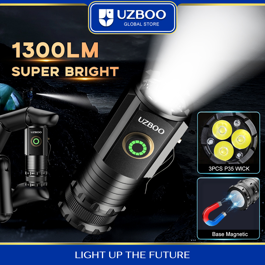UZBOO 1300LM Mini Flashlight High Bright Flashlight LED Torch Light Outdoor Pocket Size Flashlight Rechargeable Waterproof Torch Light for Hiking Hunting Camping Compact And Portable Strong Magnetism Side Pen Clip Design Five Modes  Non-scalded. 