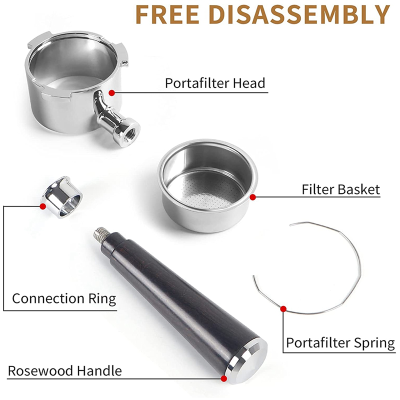51mm Portafilter 3 Ears, Stainless Steel, with Wood Handle and Filter. 