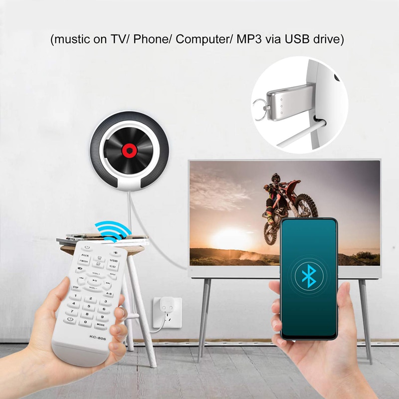 Portable Bluetooth-Compatible CD Player Wall Mount FM Radio Built-In Hifi Speaker With Remote Control Headphone Jack. 