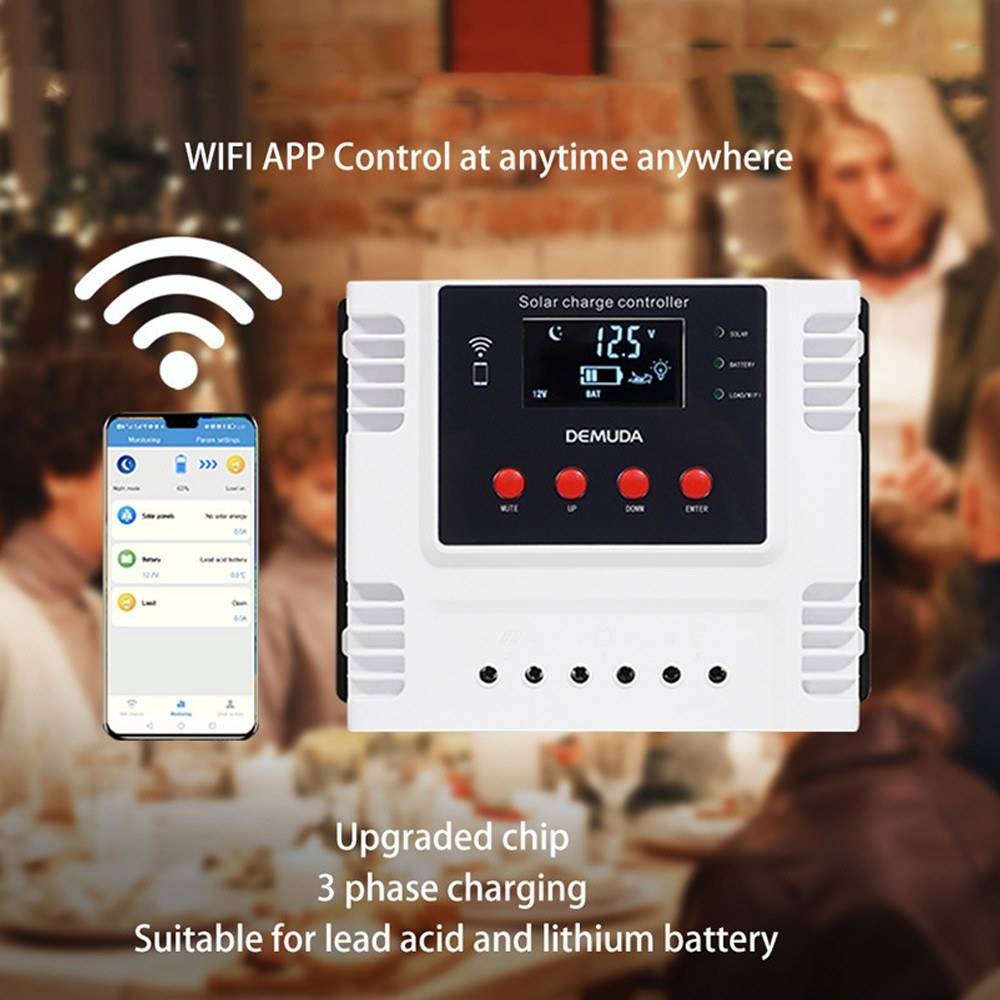 PWM Intelligent Solar Charges Controller Mobilephone App Control Real-time Data Monitoring Device LED Display 12V/24V Controllers for Leadacid Ternary Lithium and Lithium-iron Batteries-06. 