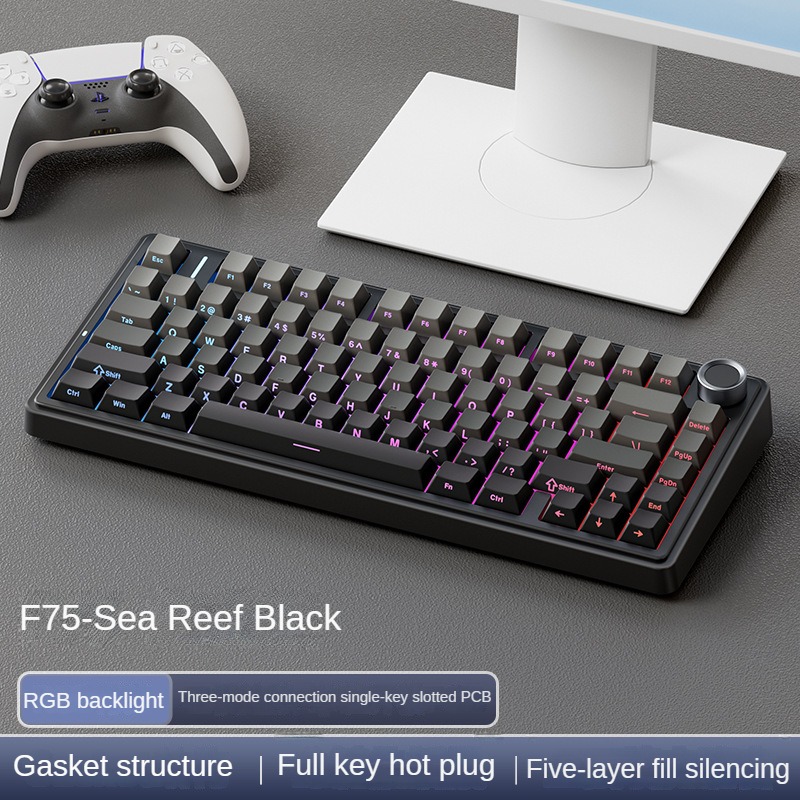 Aula F75 Reef-Black Mechanical Keyboard 75%, Gasket Structure Full-Key Hot Swap RGB Wireless Gaming Keyboard