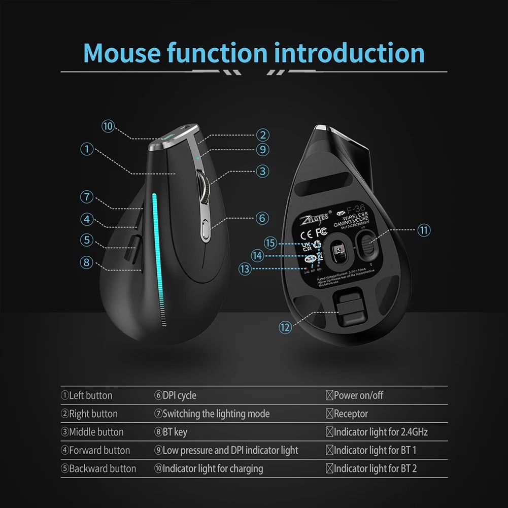 ZELOTES F-36 Wireless Vertical Mouse 2.4G Bluetooth-compatible Mice 2400 DPI 8 Buttons Gaming Mouse for Computer Laptop Desktop. 