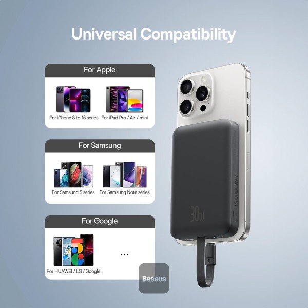 Baseus 10000mAh Magnetic Mini Wireless Fast Charge Power Bank 30W With Built-In Type-C Cable. 