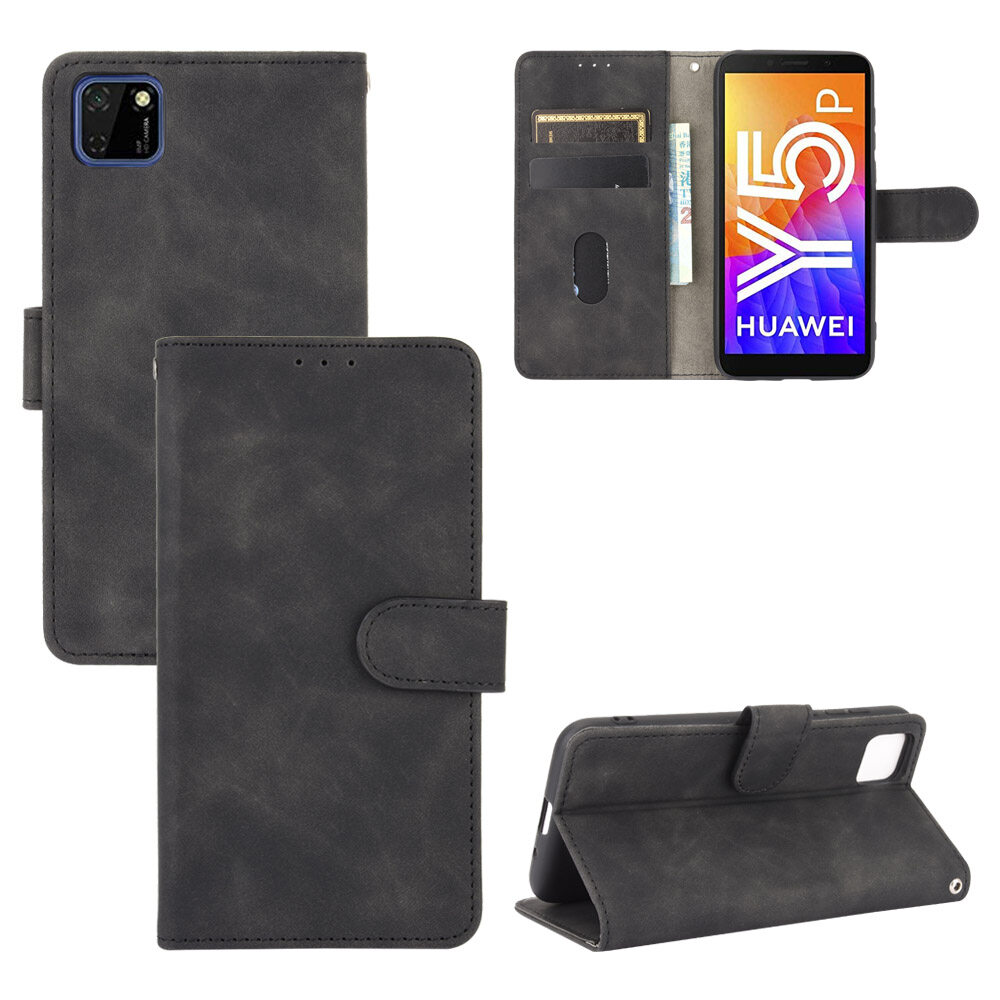 lthmy for Huawei Y5P Case Solid Color Leather Flip Cover Wallet Card Slots Casing Anti Falling Protect Cellphone Shell with Holder