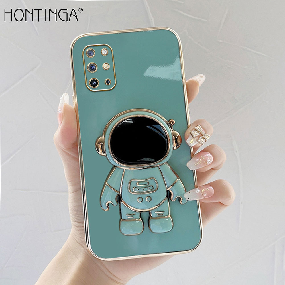 Hontinga for OnePlus 8T Back Cover With Cartoon Astronaut Folding Bracket Cases Luxury 6D Plating Soft Silicone Phone Cases