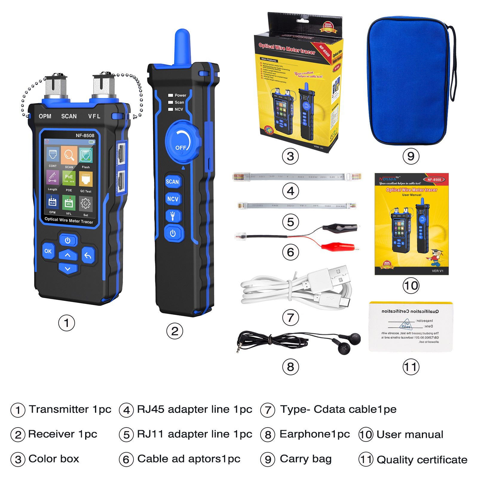 NOYAFA NF-8508  Cable Tracker LAN Optical Power Meter Tester LCD Display Measure Length Wiremap Network Cable Tester. 