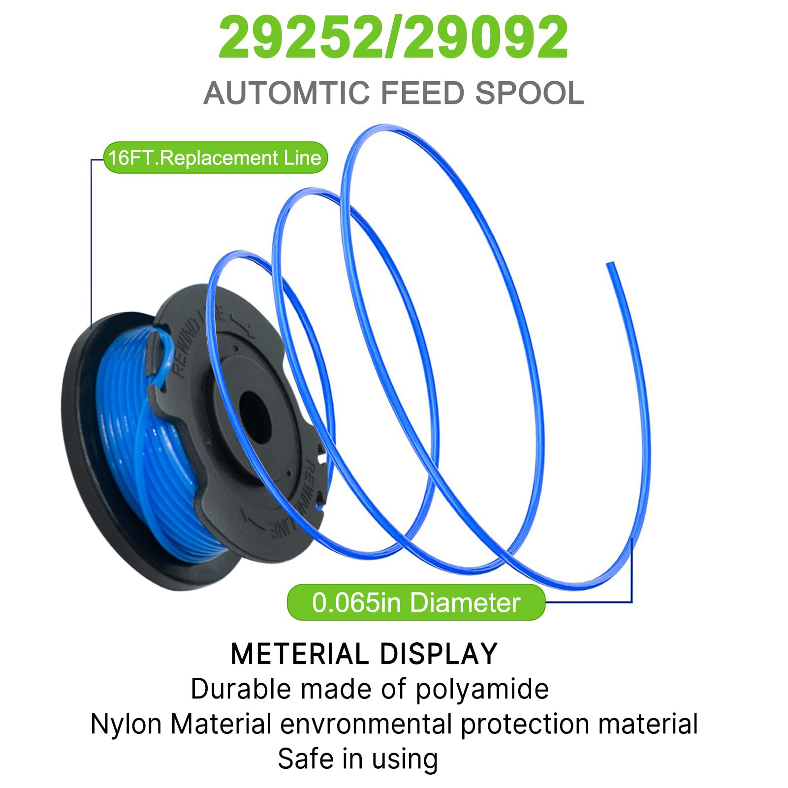 JAERBEE 29092 String Trimmer Replacement Spool 29252 for Greenworks 24V 40V 80V Weed Eater Cordless Trimmer (8 Spools, 1 Caps). 