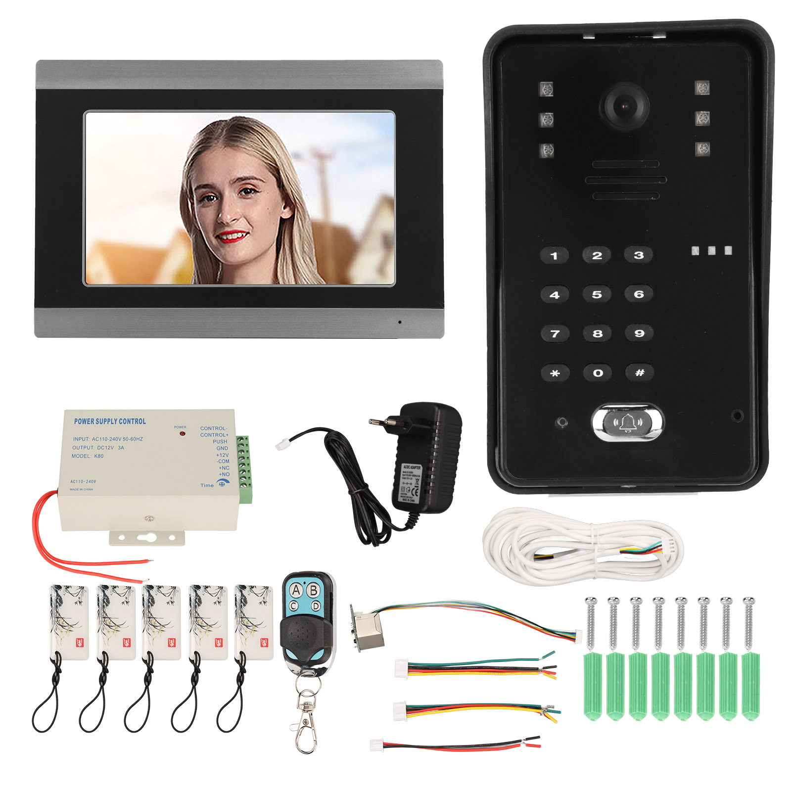 Wired Video Intercom System 7 Inch WiFi 1080P Wired Video Doorbell with IC Access Control Function 100‑240V EU Plug. 
