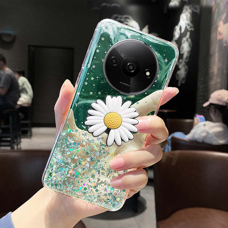 New Phone Case For Redmi A3 Cover Glitter Bling Soft Stars Moon Sequins Chrysanthemum Flowers Folding Bracket Transparent Silicone For Redmi A3 Case