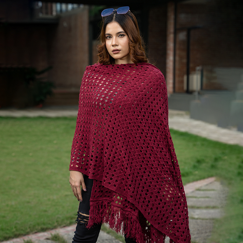 Maroon Handloom Acrylic Knit Shawl. 