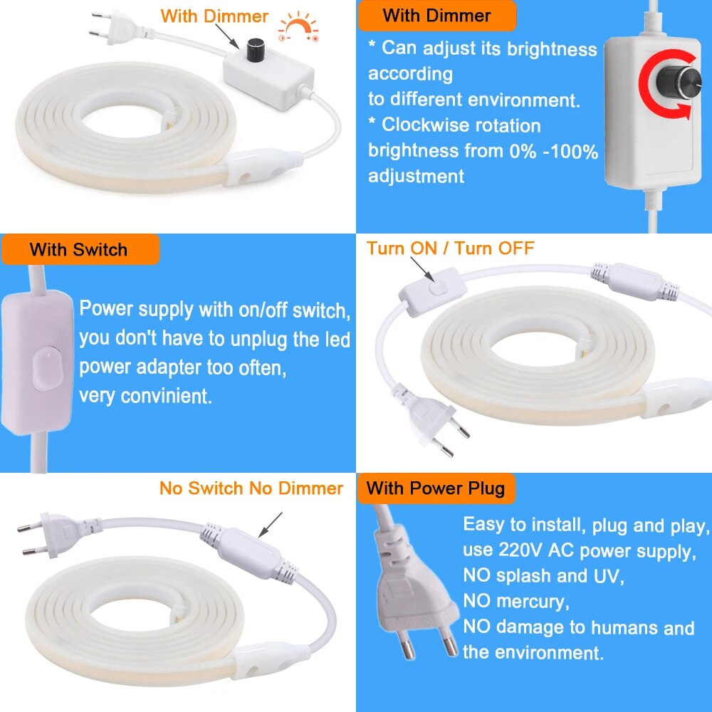 LED COB Strip Neon Light Dimmable 220V AC Power Plug Kit 288 LEDs High Density Linear Lighting Flexible Tape Strips Waterproof. 