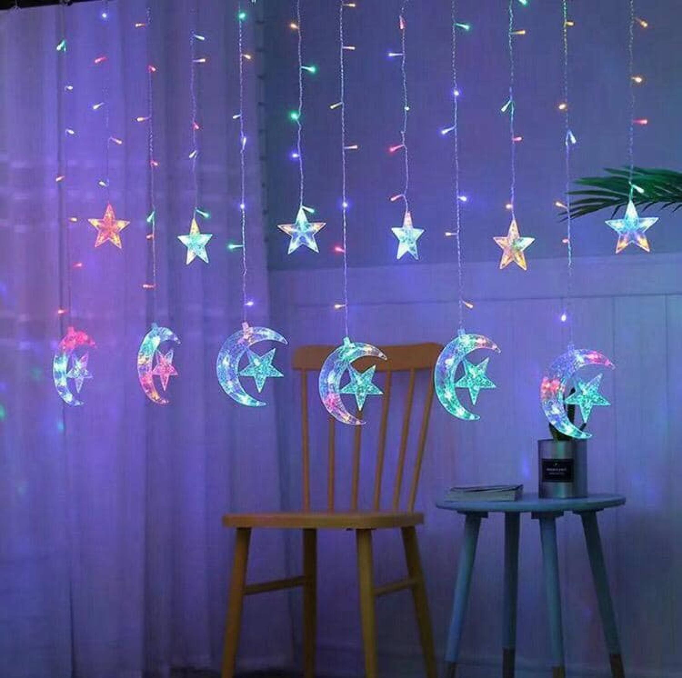 LED Star Curtain Lights ,6 moon-star & 6 single star Window Curtain String Light Moon Star String Light multi & golden color plug systems. 