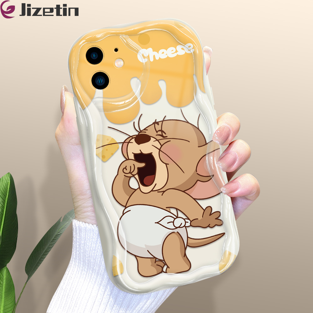 Jizetin for iPhone 12 Mini Back Cover Cartoon Cat Mouse Cream Wavy Edge Soft Silicone Phone Case