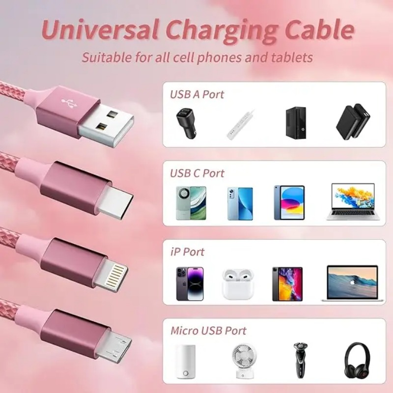 3 In 1 Pink Fast Charging USB cable Type C Usb Micro For Iphone Samsung Huawei Xiaomi Multi Port Multiple Charging Wire Line. 