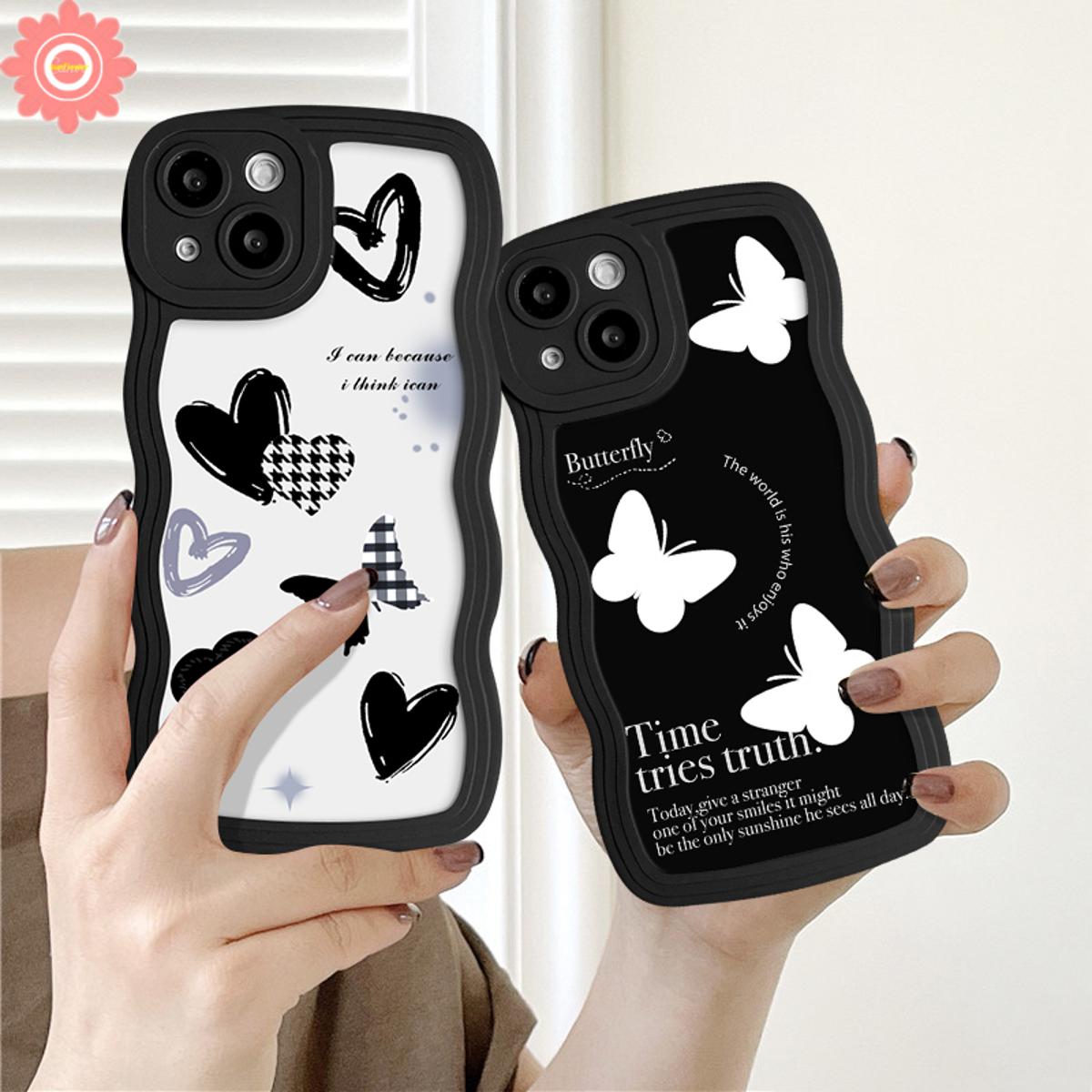 Retro Butterfly Case for OPPO A7 A3S A15 A17 A16 A54 A9 A74 A95 A57 A55 A76 A96 A1K A53 A33 A92 A31 A12 A11K A35 A11 A36 A32 A52 A72 Reno 5 6 7 8 4F Love Heart Black White Letter Cover