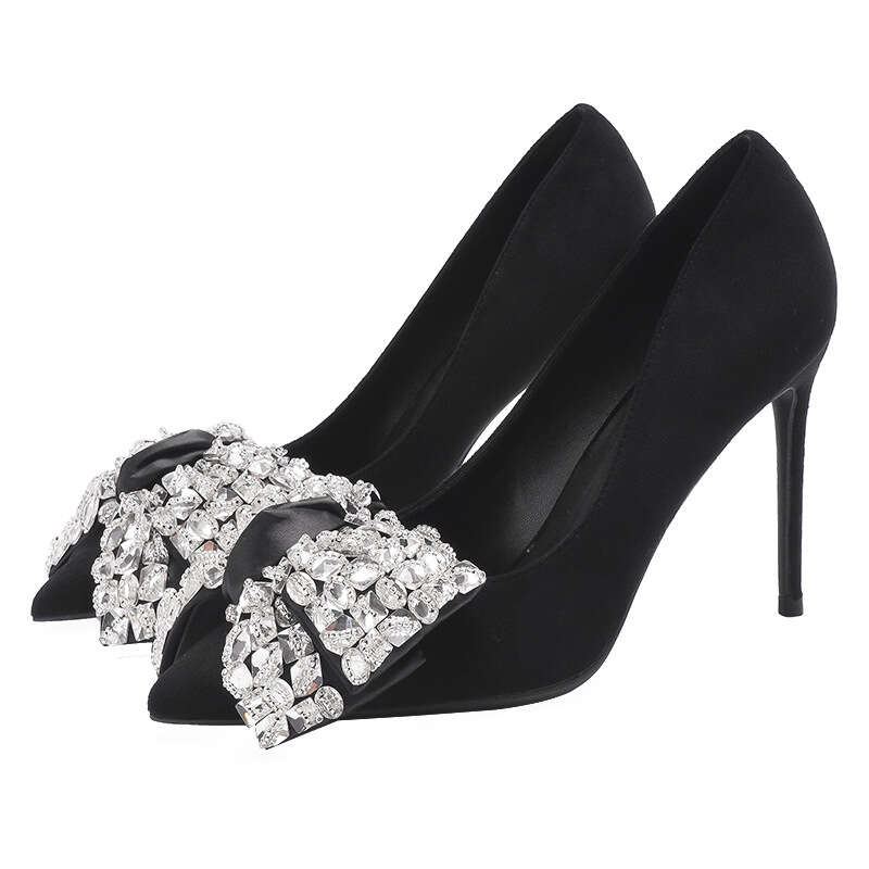 2024 Autumn New Black High Heel with Thin Heels, Water Diamond Bow Name, Gentle Wind, Sharp Head, Not Tired Single Shoes for Women. 