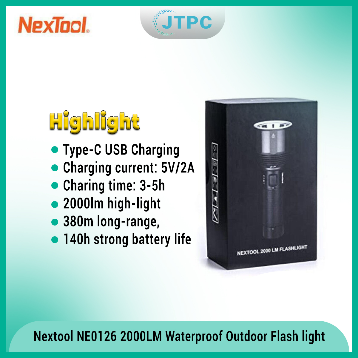 Xiaomi NE0126 Nextool 2000LM Super Bright 5-Mode Rechargeable LED Torch IPX7 Waterproof Outdoor Flash light With Type-C Charging Port. 