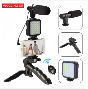 Exclusive AY-49 Phone Vlog Tripod Kit with Remote Control, Microphone, and LED Light. 