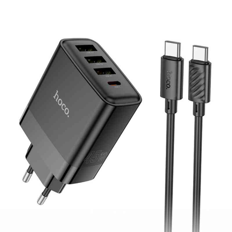 Hoco C127A PD45W 4 Ports (1C3A) Fast Charger With Type-C To Type-C Fast Charging Cable(1m)
