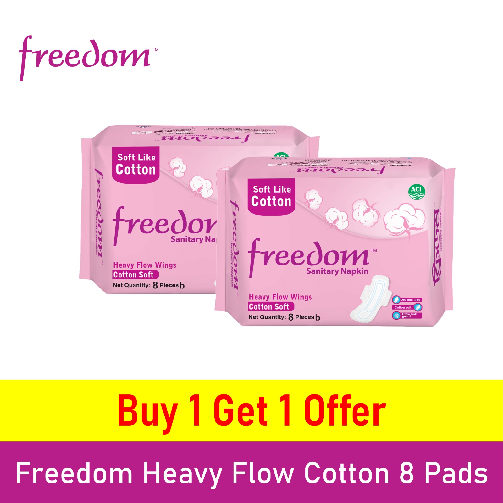 Freedom Sanitary Napkin Heavy Flow Cotton 8 pads (Buy 1 Get 1)