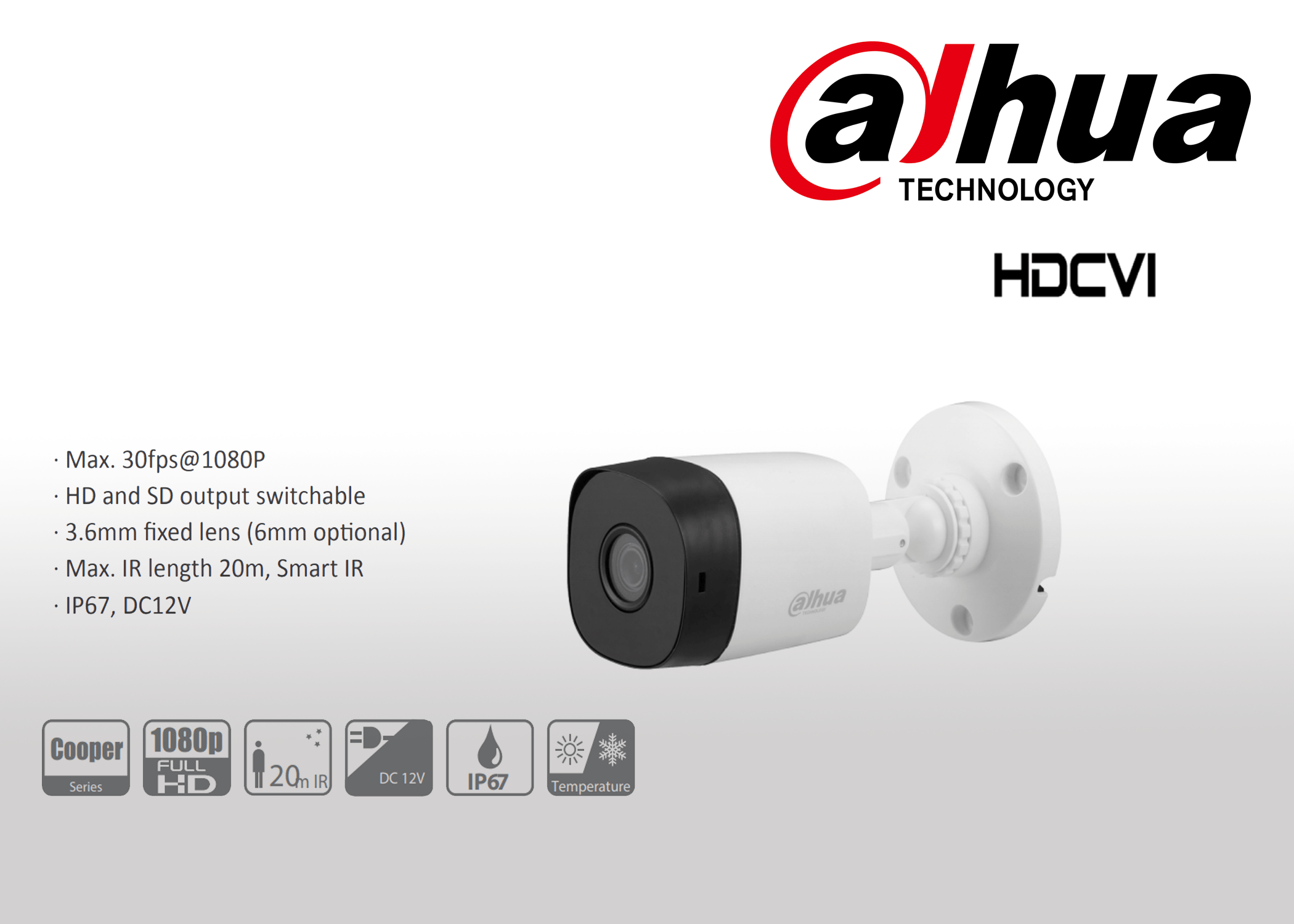 DAHUA 02 Mega Pixel  HDCVI 20M IR CAMERA 1080P uPVC Model: HAC-B1A21