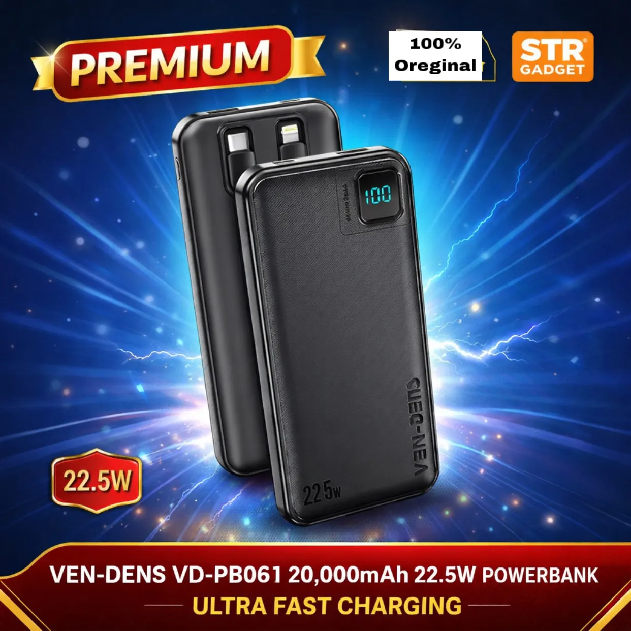 Vendens VD-PB042 20000mAh Power Bank 1 Type-C Input 2 10W USB Output LED Indicator Safety Protection Ven-Dens Powerbank oreginal