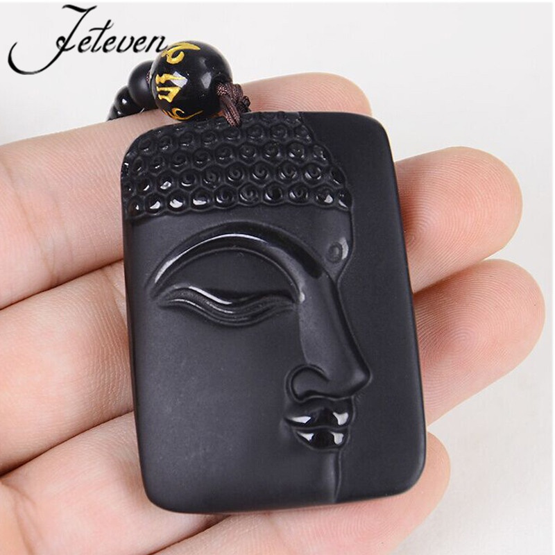 Authentic Pure Obsidian Rock Buddha Head Pendant Half Face Buddha Necklace. 