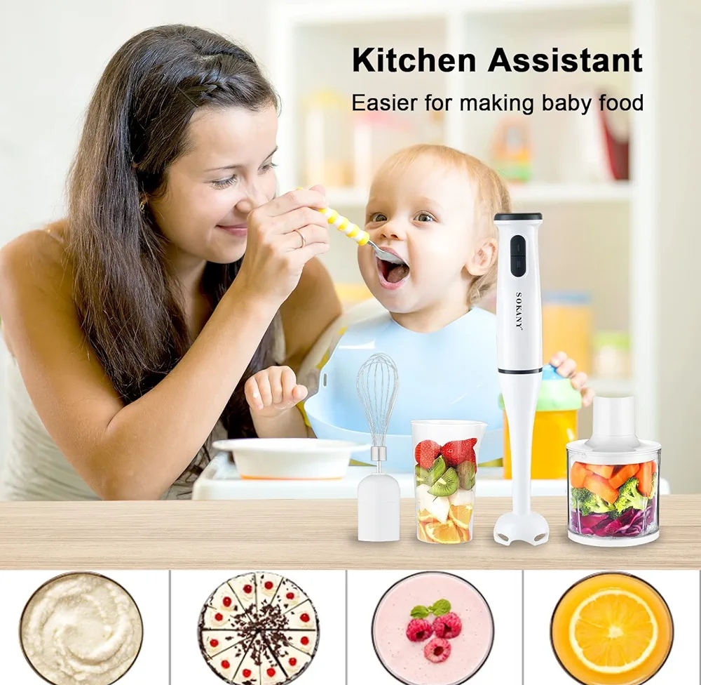 Hand Blender, 800W with 750ml BPA-free Beaker, 450ml Chopper, Whisk, Dual Speed, for Shakes, Smoothies, Baby Food, Soups & More, White. 