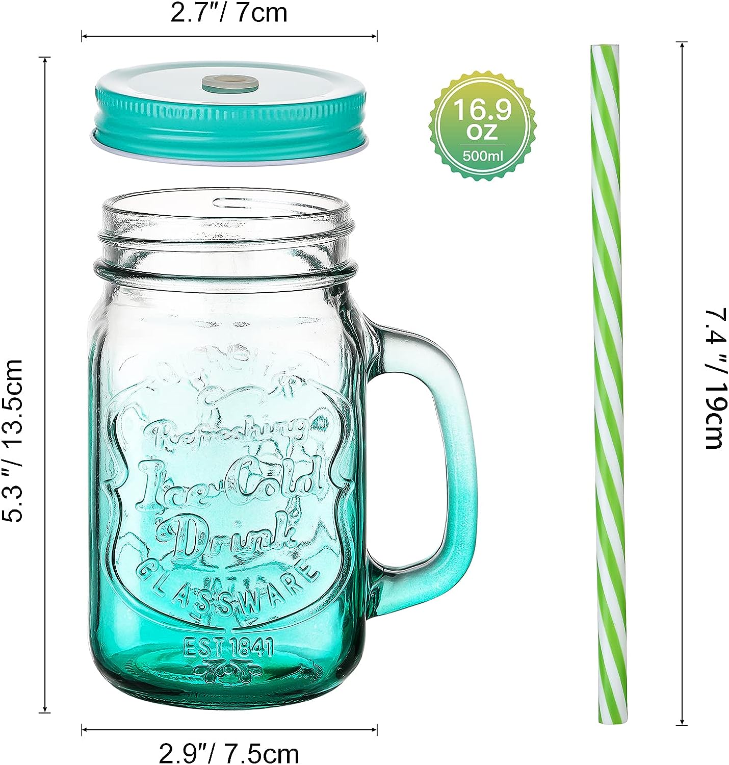 Drinking Glass with Handle and Lid 500 ml Colour Gradient Drinking Glasses Straw is RColourful Ice Cold Drink Glasses - Minimalistic Sophistication. 