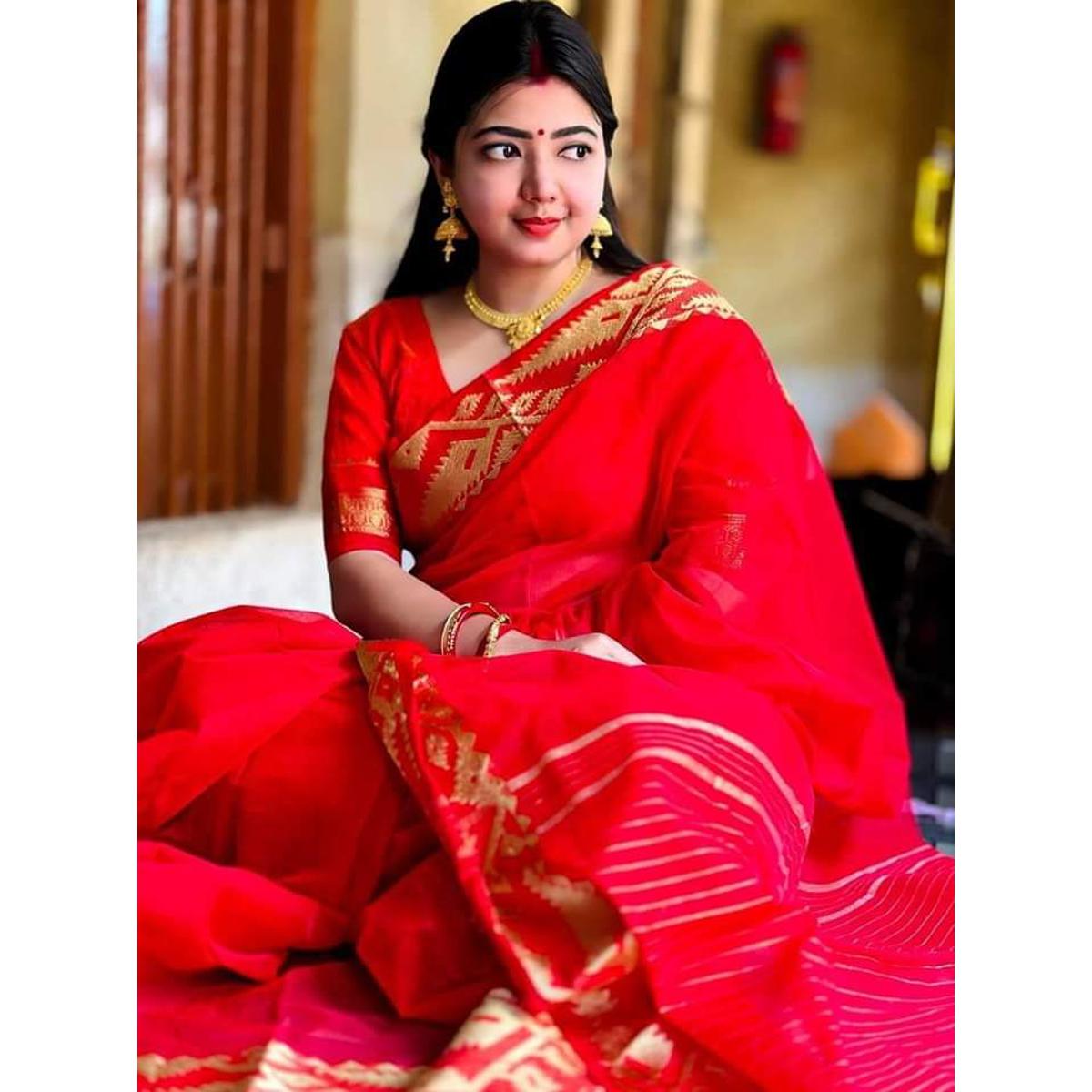 Exclusive Design Glorious Red Jamdani Pair Saree Without Blouse Piece - Easy to Use And Maintain - Party Sari By Tangail Saree's