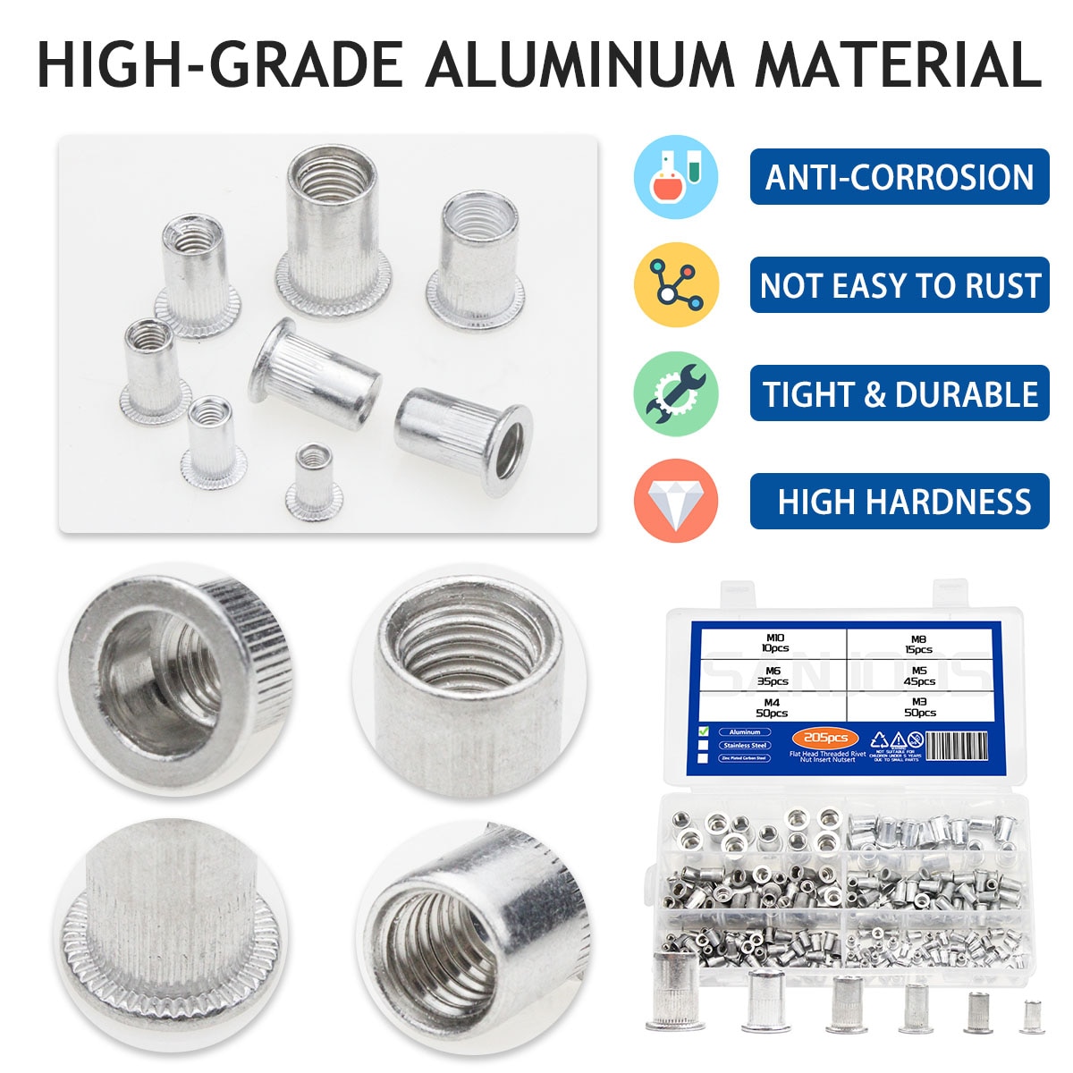 205Pcs Flat Head Threaded Rivets Nut M3 M4 M5 M6 M8 M10 Stainless Steel Rivnut Zinc Plated Rivet Nut Aluminum Insert Nutsert Kit. 