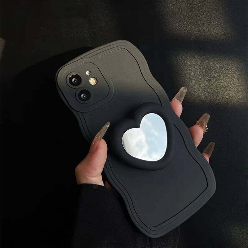Heart Mirror Holder Wave Phone Case For Samsung Galaxy A04 A03 Core A02 A01 A04S A03S A02S A04E A21S A52S A30 A20 A10 Soft Cover. 