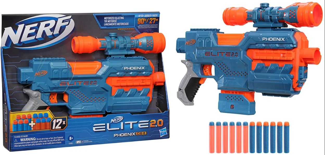 NERF Elite 2.0 Phoenix CS-6 Motorized Blaster, 12 Official Darts, 6-Dart Clip, Scope, Tactical Rails, Barrel and Stock Attachment Points. 