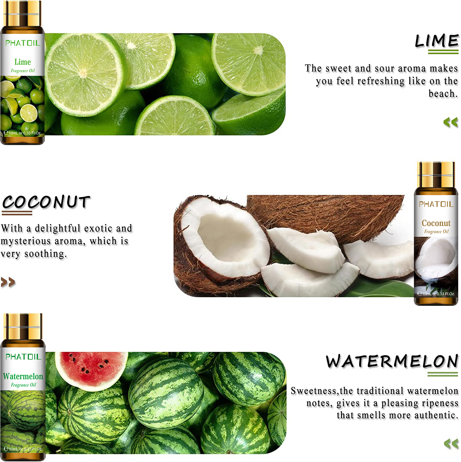 PHATOIL 9pcs Fragrance Oils Set 10ml Lime Mango Strawberry Watermelon Cherry Coconut Pineapple for Candle Soap Making Diffuser. 