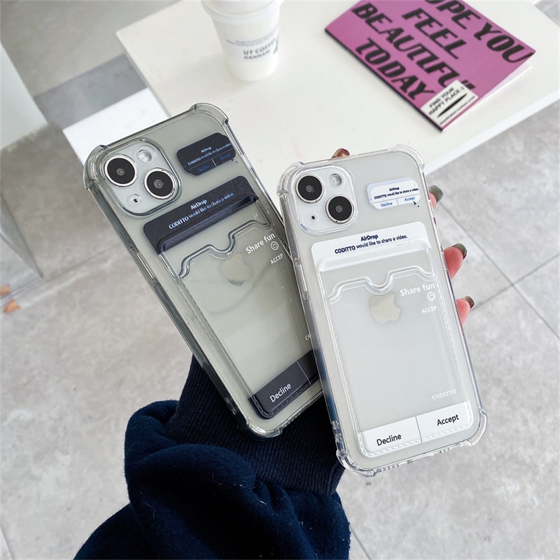 Cute Funny Airdrop Card Holder Transparent Phone Case For iPhone 13 12 11 Pro XS Max X XR SE 7 8 Plus Clear TPU Soft Back Cover. 