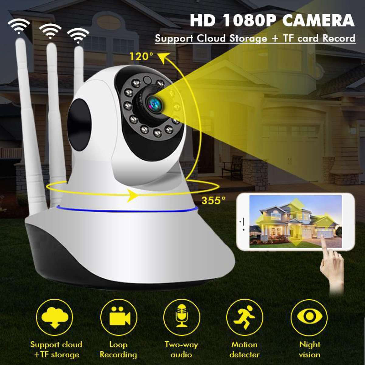 V380 PRO Q5 2MP HD 1080P WIFI IP Camera Night Vision 2 Way Audio 360 Degree Robotic 3 Antenna Camera With Land Port. 