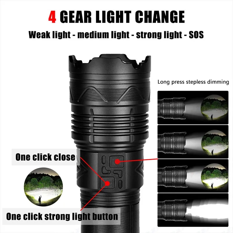 20000LM Super Bright Tactical Flashlight 100W GT60 Long Range Powerful LED Torch USB Rechargeable Using 4 181350A Batteries. 