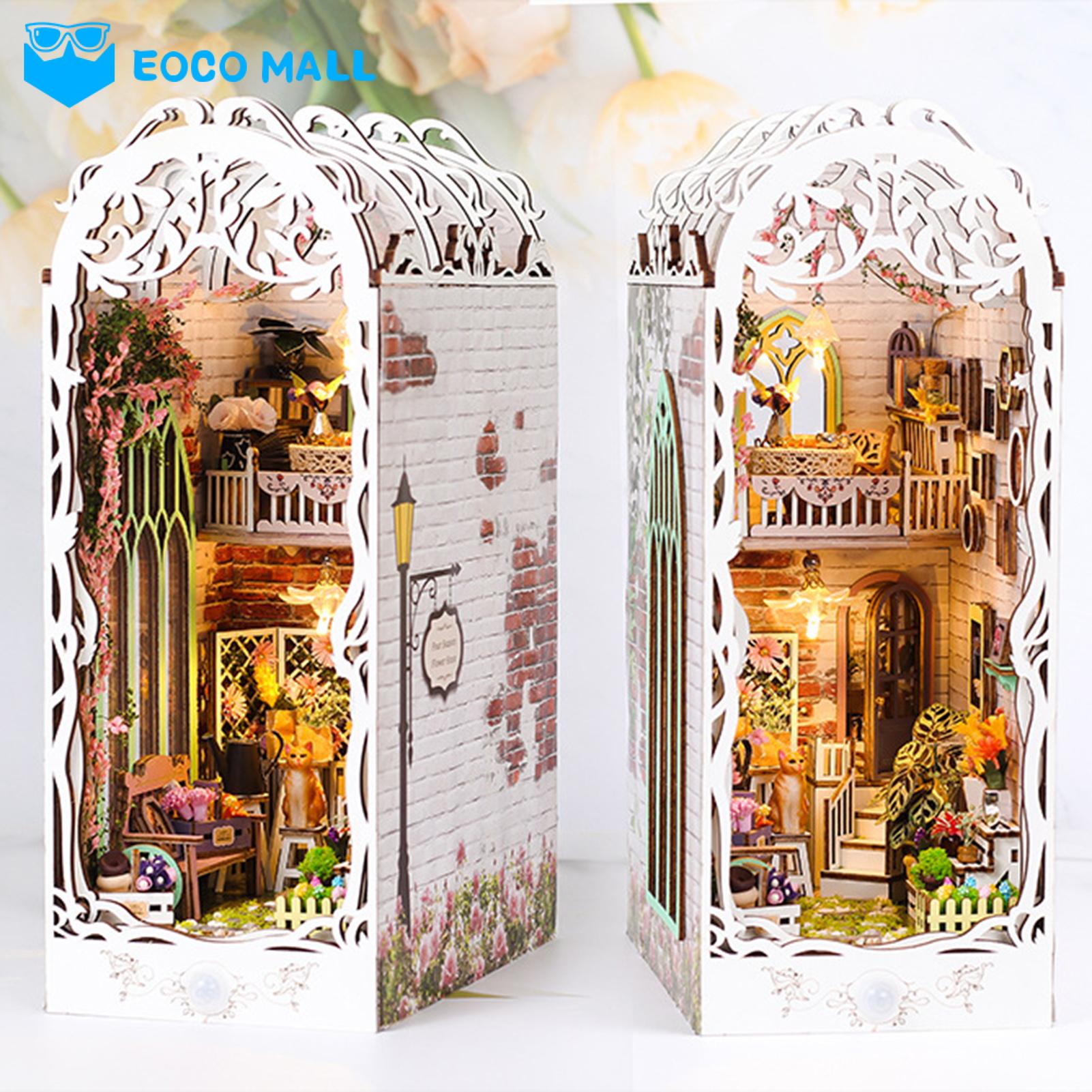 EOCO MALL Miniature World Home Decor Diy Book Nook Kit with Led Lights Miniature House Diorama Puzzle for Adults Kids Unique Bookshelf Decor Gift Set Bookend Model Diy Kit. 